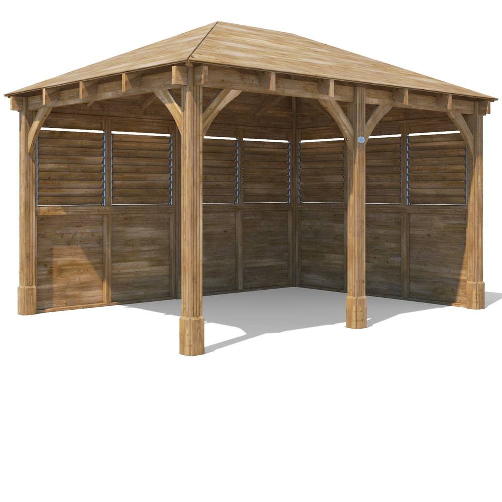 Dunster House Wooden Gazebo Kit Louvre Wall 4x3m Heavy Duty Garden Shelter Leviathan in Brown