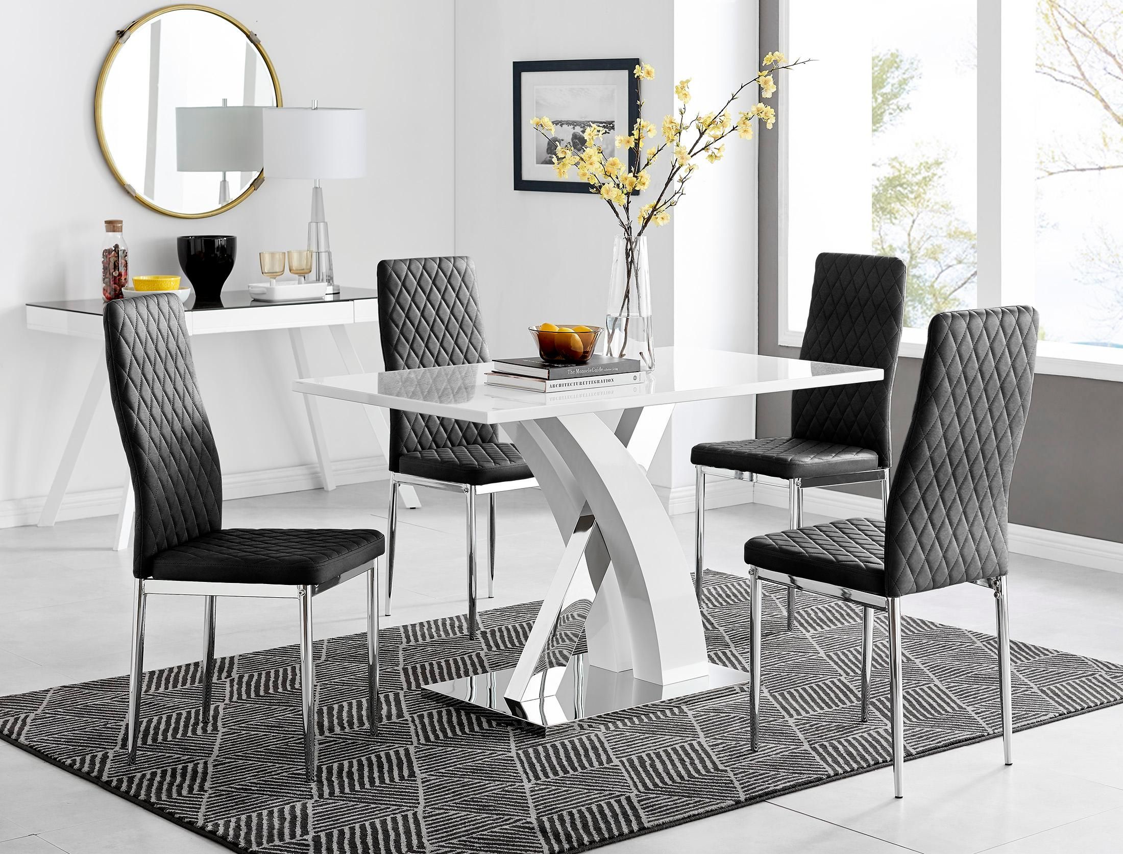 FurnitureboxUK Atlanta White High Gloss & Chrome 4 Seater Dining Table with X Shaped Legs & 4 Soft Velvet Milan Chairs in Black