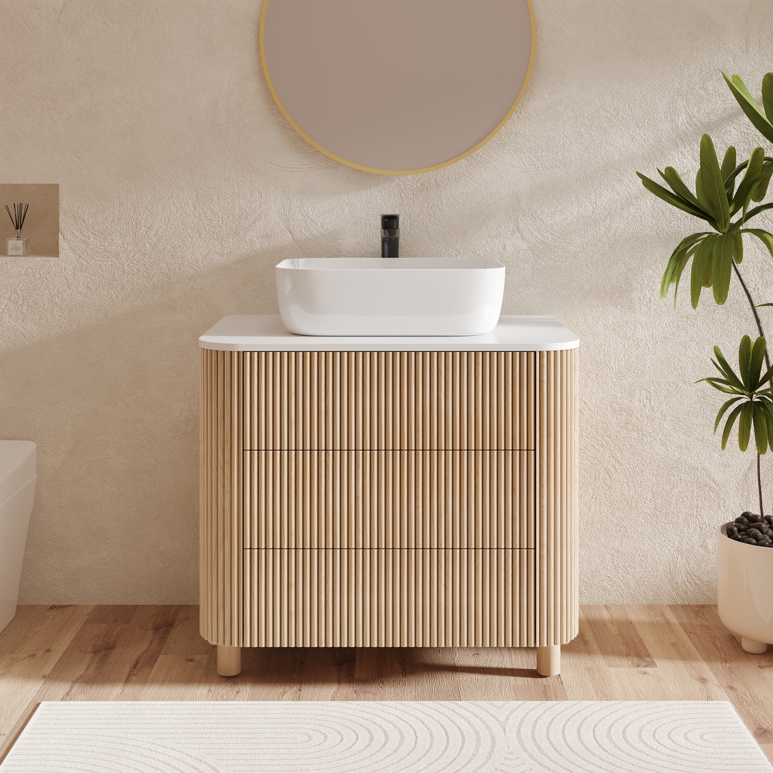 80 cm Fluted Freestanding Bathroom Vanity with Vessel Sink, 3-Drawers, Sintered Stone top