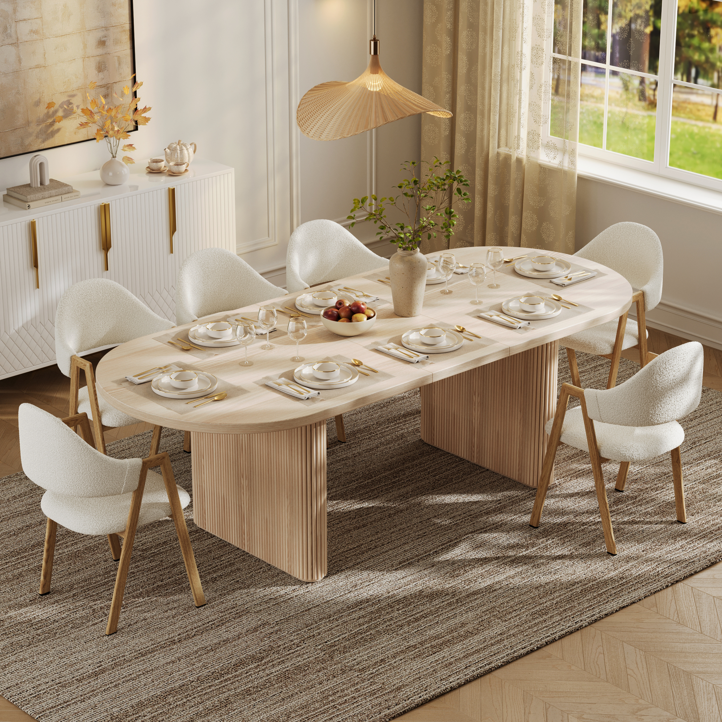 200 cm - 240 cm Oval Dining Table Extendable Butterfly Leaf for 8 Fluve Whitewash Kitchen Expandable Table for Small Spaces
