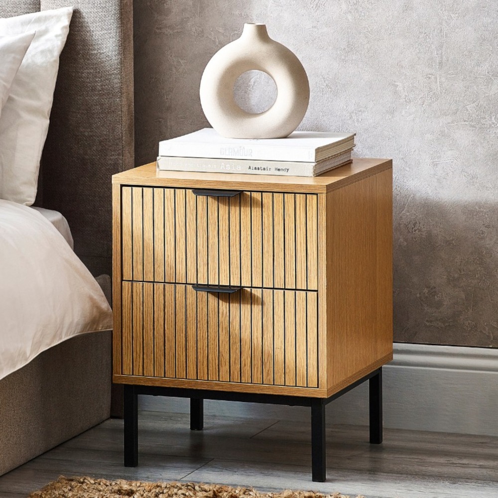 Sia – 2-Drawer Bedside Table – Oak/Black – Wood/Metal - Happy Beds