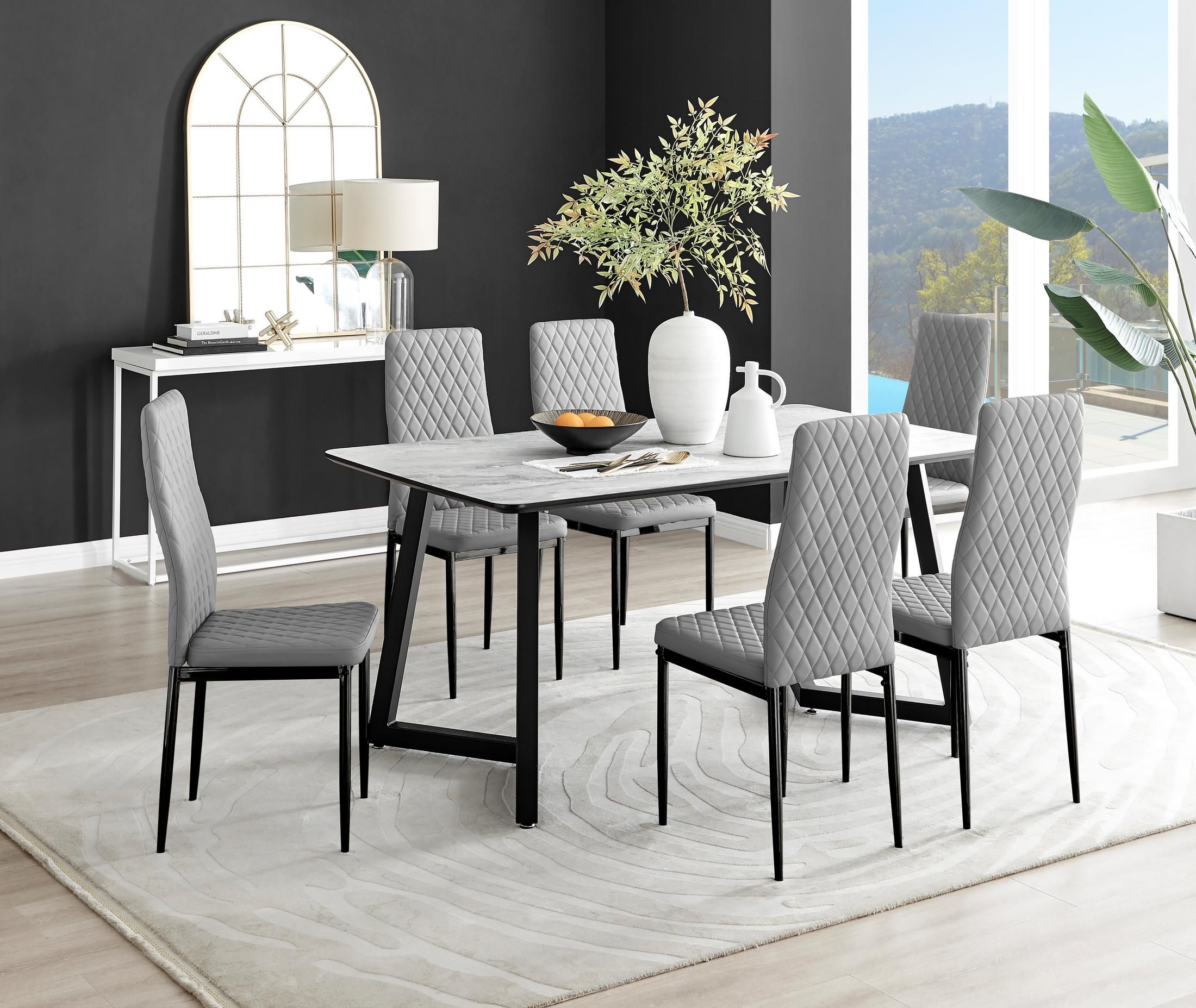 FurnitureboxUK Carson White Marble Effect Dining Table & 6 Milan Black Leg Chairs in Grey