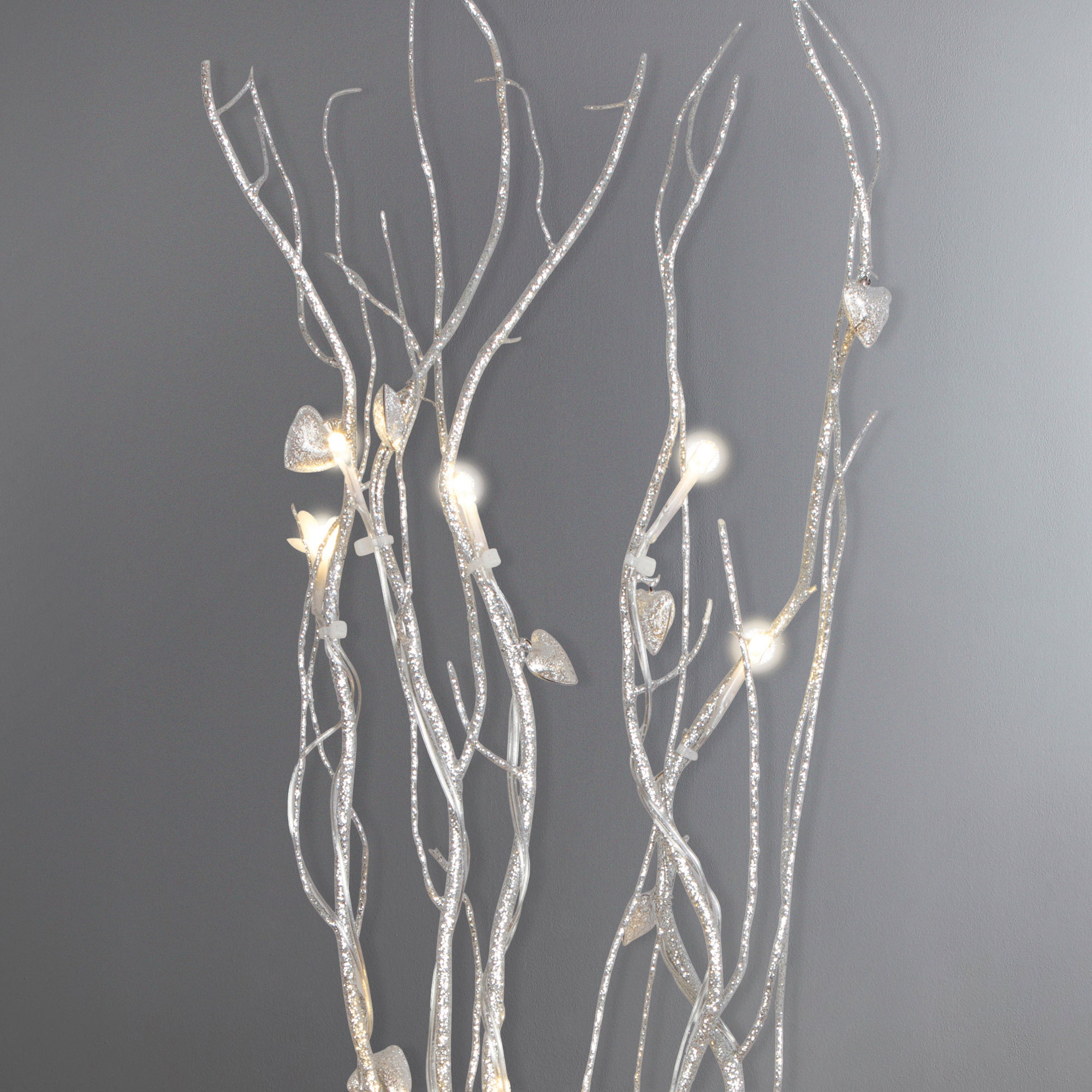 Silver Hearts Glitter Twig Lights Silver