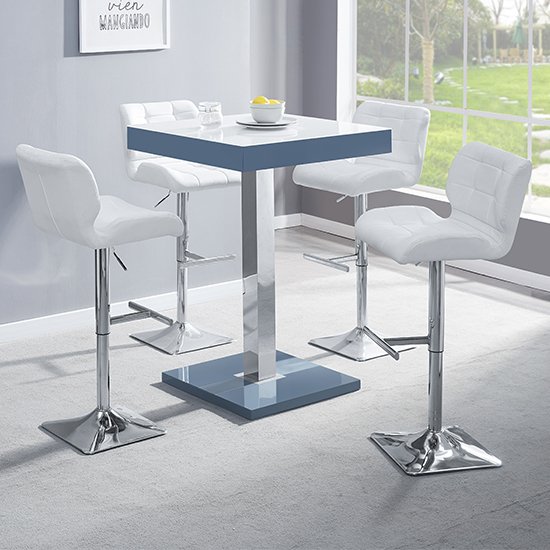 Topaz Grey White Glass Bar Table With 4 Candid White Stools