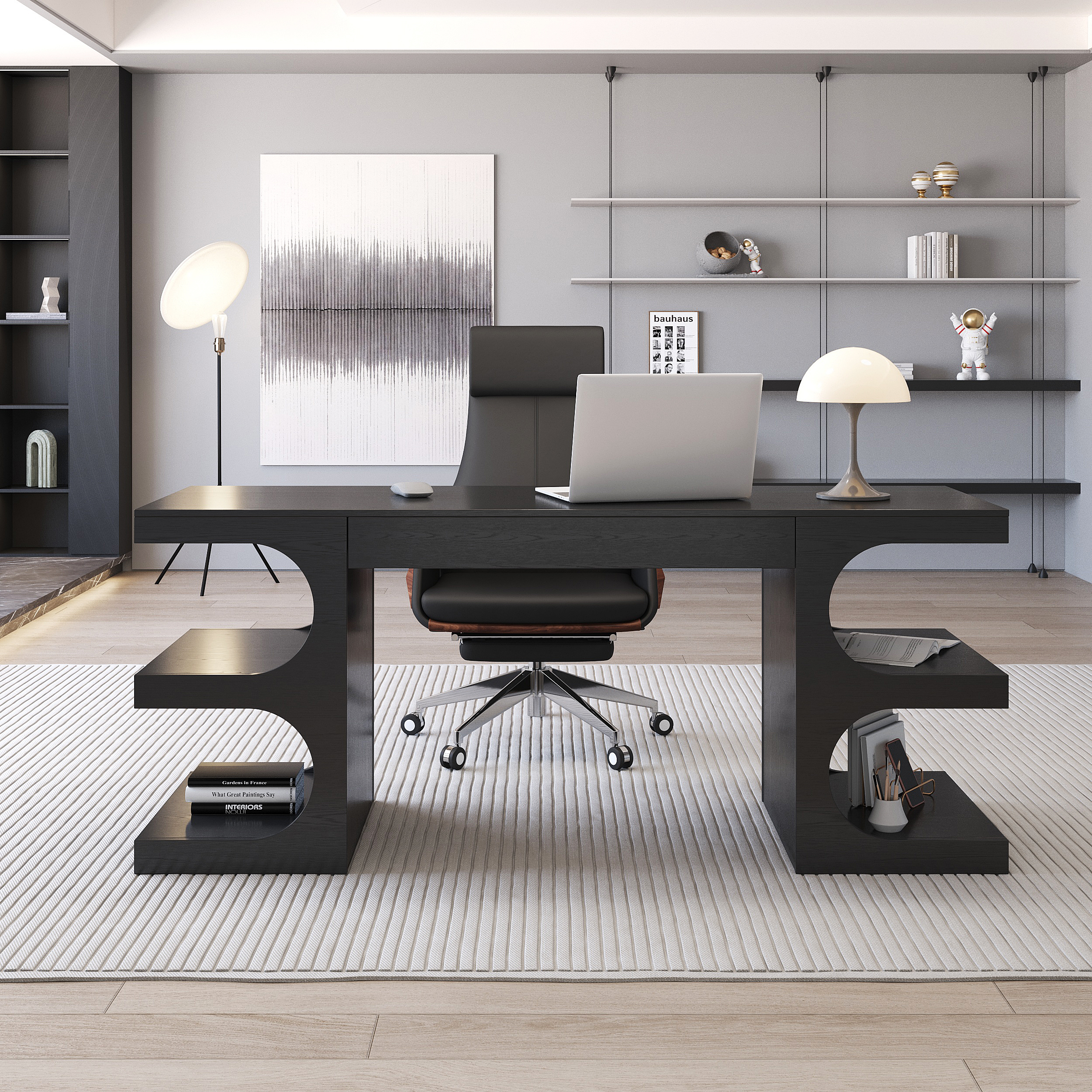 Modern Black Writing Desk Office Desk with 1 Drawer & 4 Open Shelves Office Furniture (1630mm)