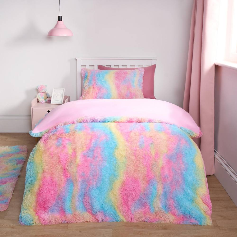 OHS Tie Dye Duvet Cover Quilt Pillowcase Fluffly Fleece Warm Plush Soft Bedding Set in Pink