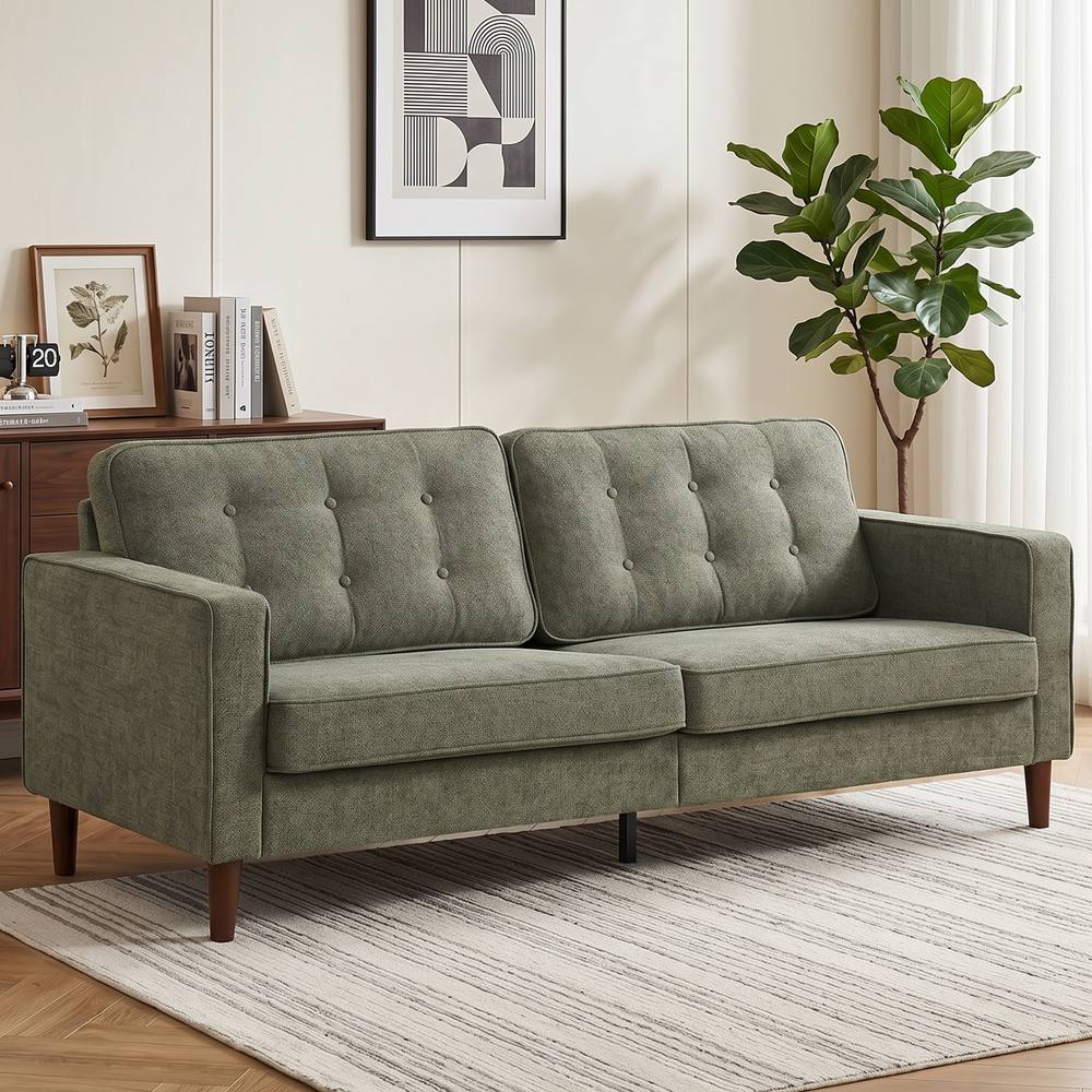 HOMCOM 3 Seater Sofa with Button Tufting Wood Legs, Green
