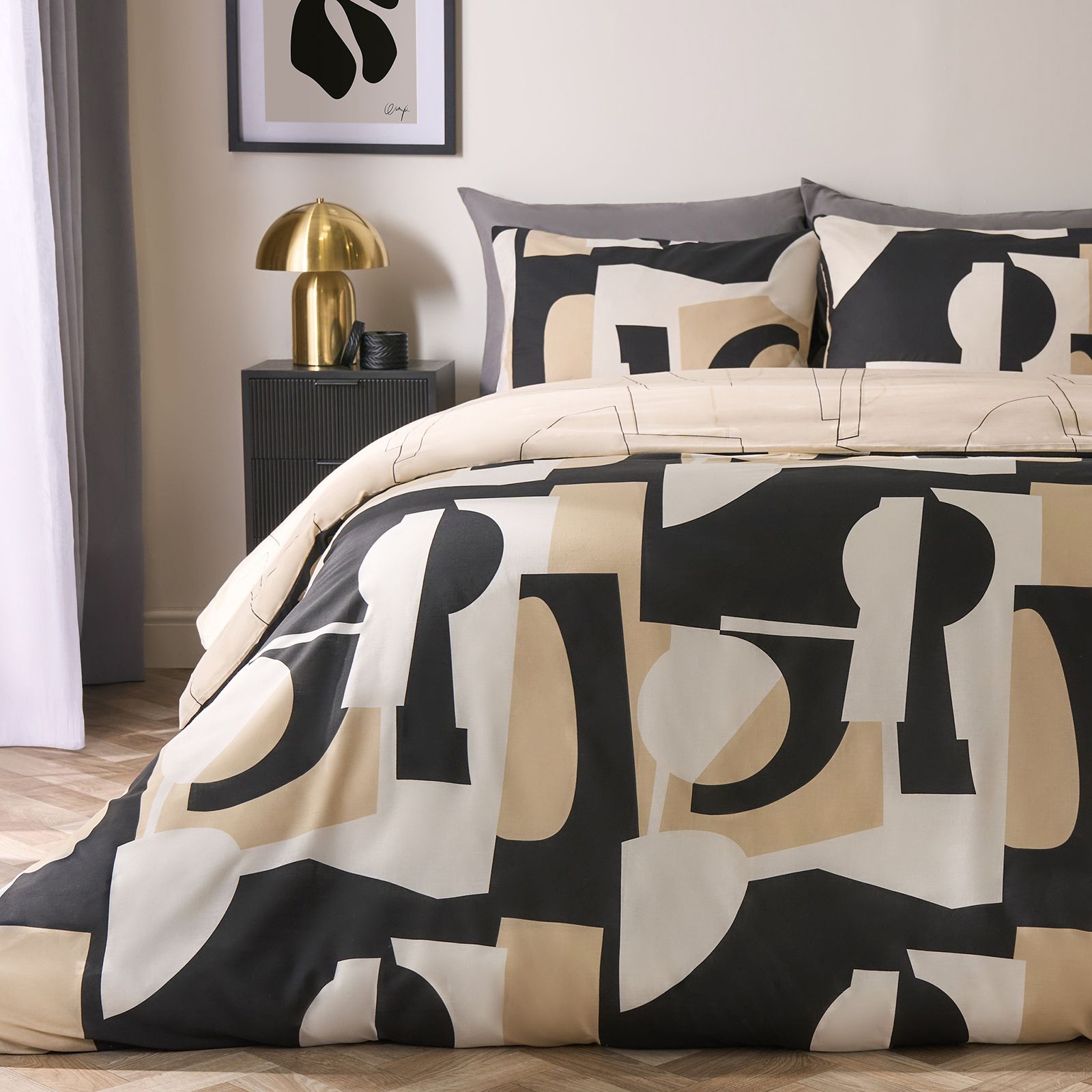 OHS Geometric Duvet Cover Pillowcase Bedding Set Shapes Quilt in Black