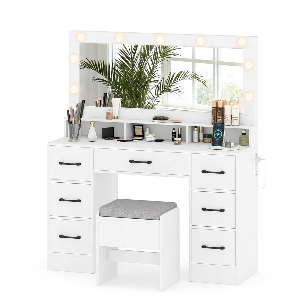 Costway Vanity Desk with Mirror & Lights Makeup Table with 7 Drawers in White