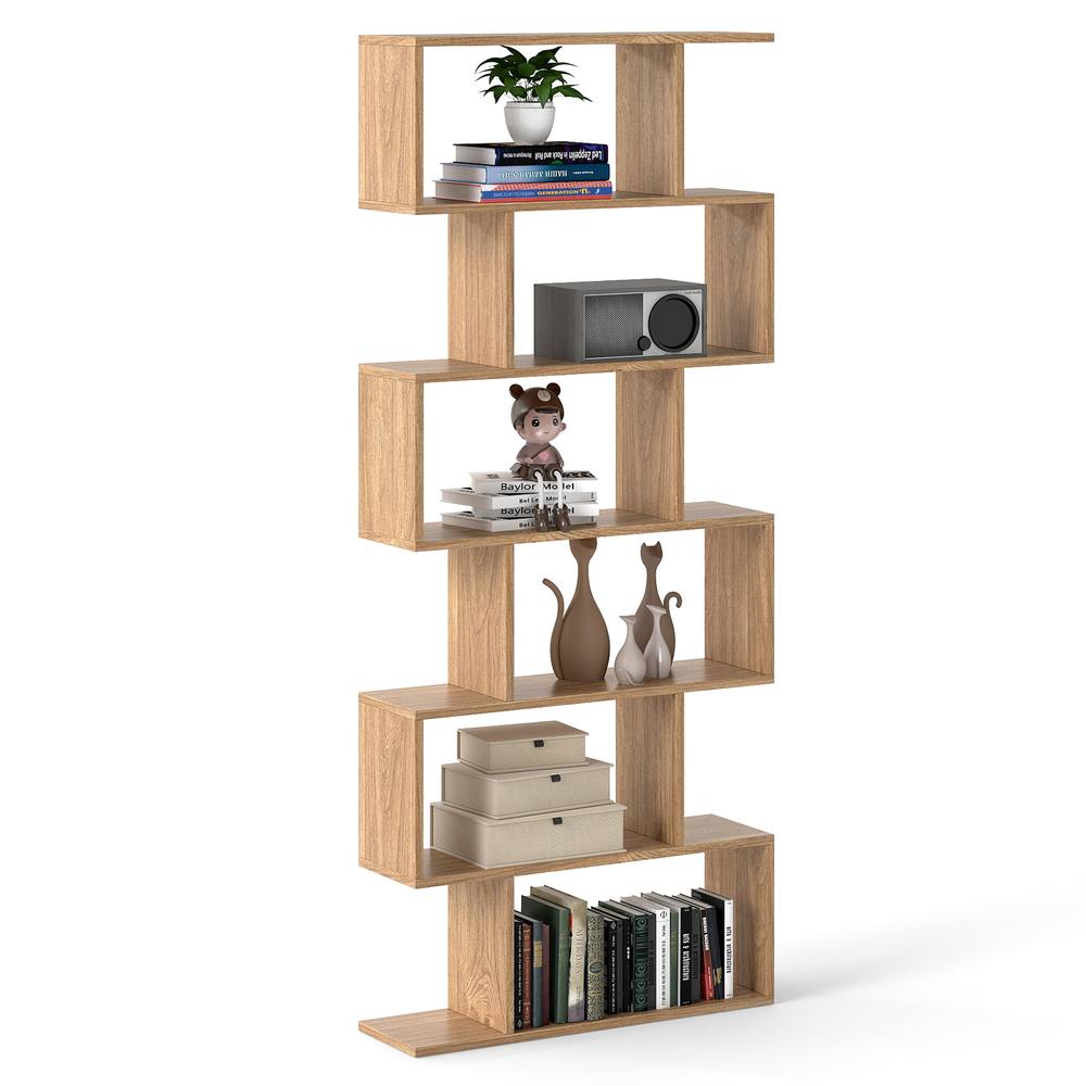 Costway 6-tier Bookcase S-Shaped Bookshelf Wooden Storage Display Rack in Natural