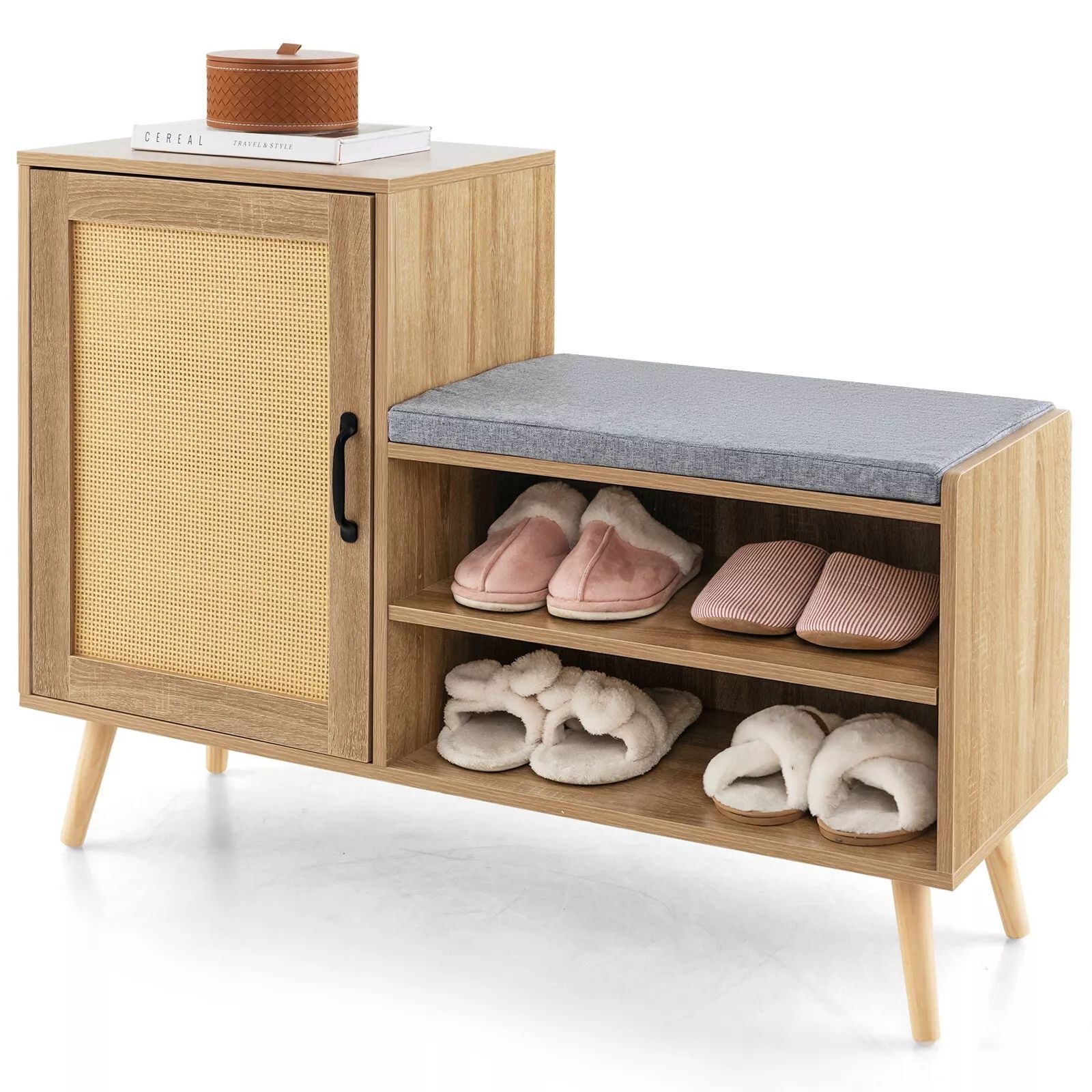 Costway Rattan Shoe Cabinet 2-in-1 Shoe Storage Bench Shoe Rack Cabinet in Natural