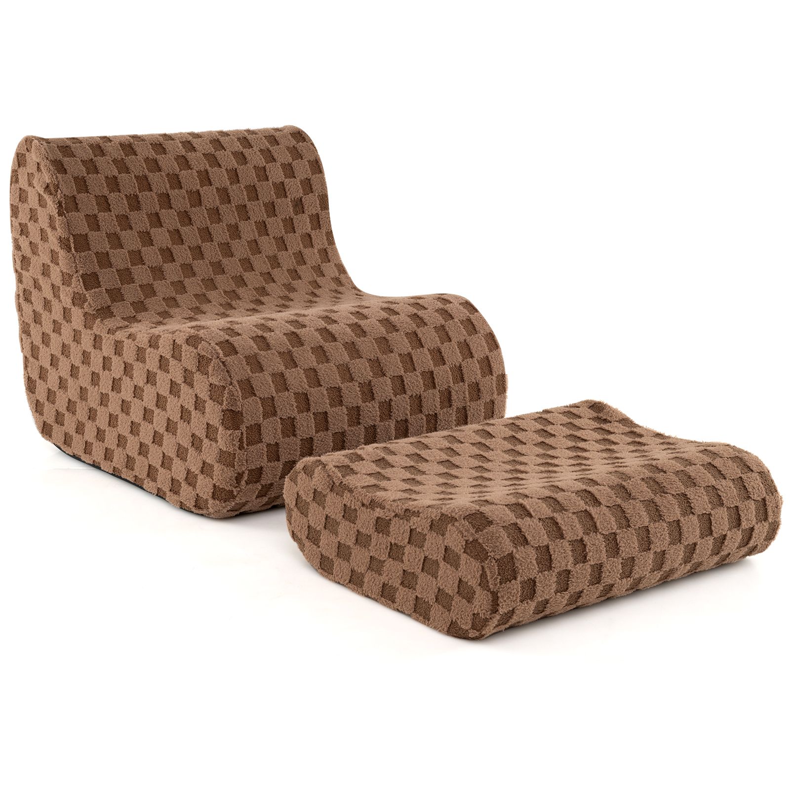 Costway Accent Bean Bag Chair w/ Ottoman Lazy Sofa Chair Set w/ Washable Cover in Brown