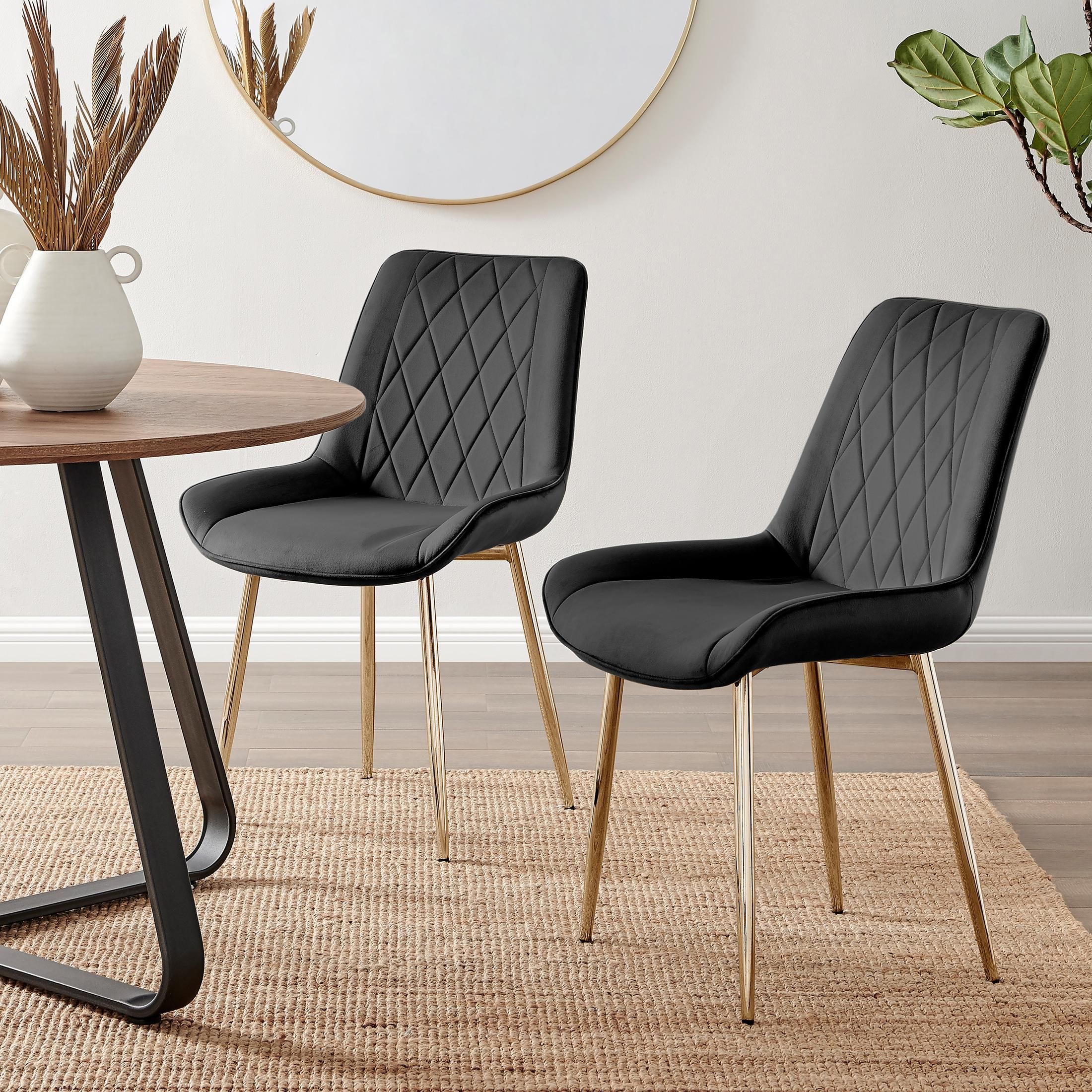 FurnitureboxUK Set of 2 Pesaro Luxury Soft Touch Diamond Pattern Velvet Dining Chairs With Gold Chrome Metal Legs in Black