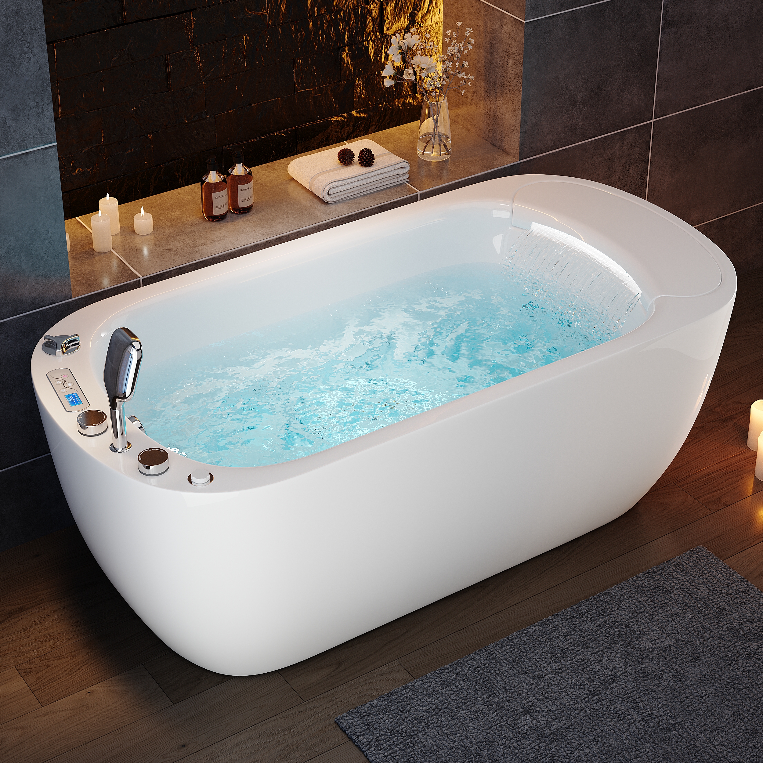 170 cm Whirlpool Bathtub with Thermostatic Control, 11 Massage Jets, Hand Shower & Drain, LED Waterfall Pillow