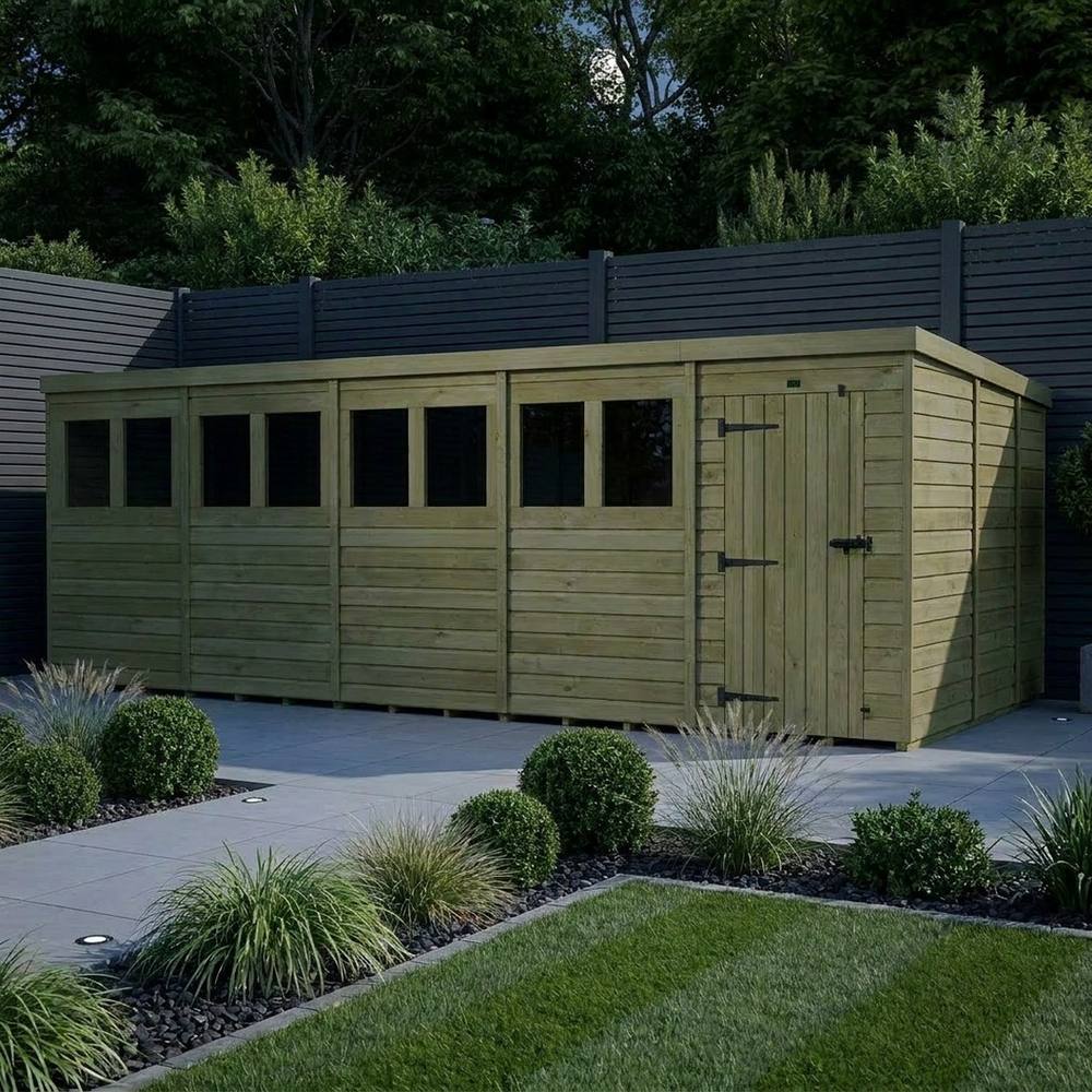 Buttercup Farm 20ft x 9ft Pent Garden Shed Single Door With Windows - Timber in Brown 3