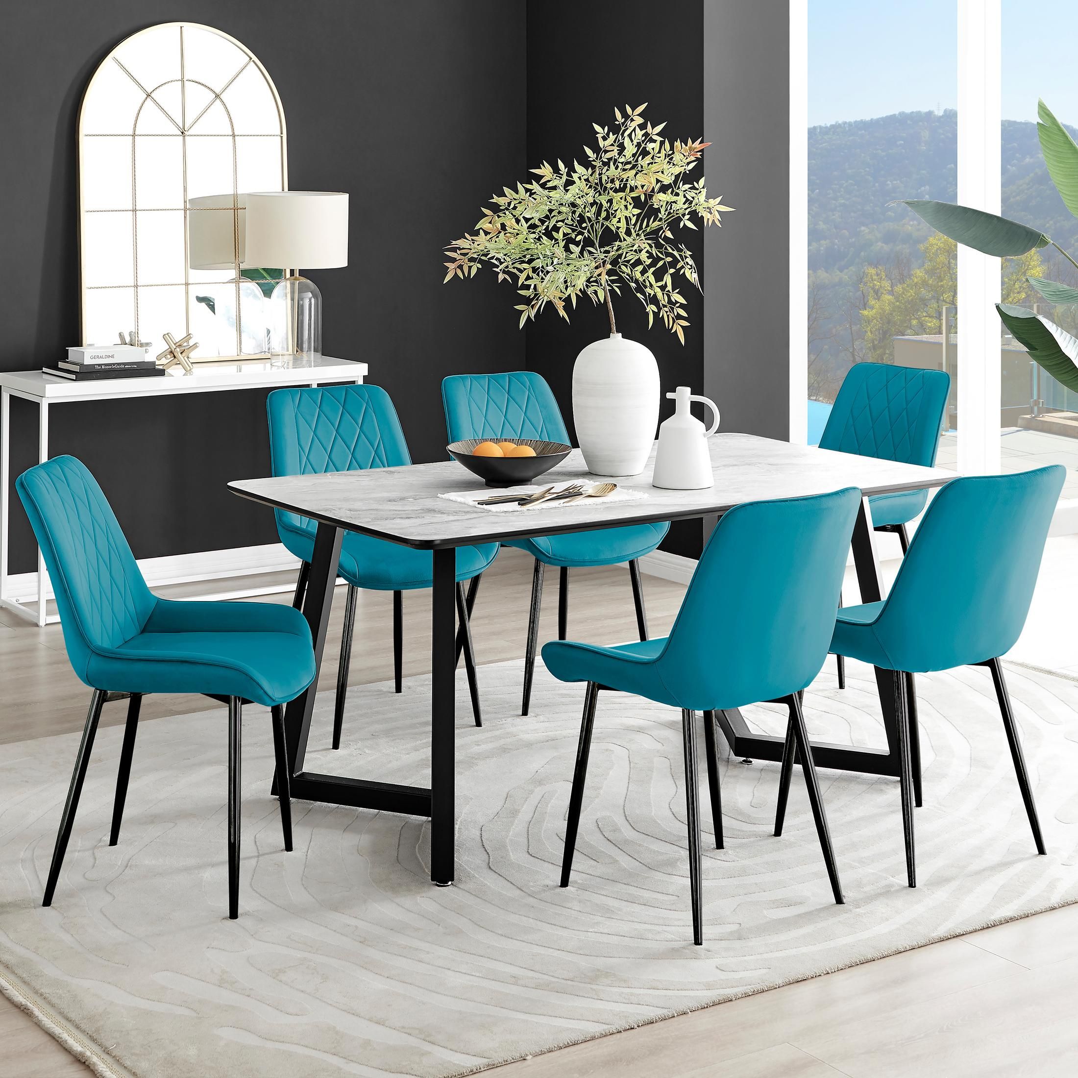 FurnitureboxUK Carson White Marble Effect Dining Table & 6 Pesaro Black Leg Chairs in Blue