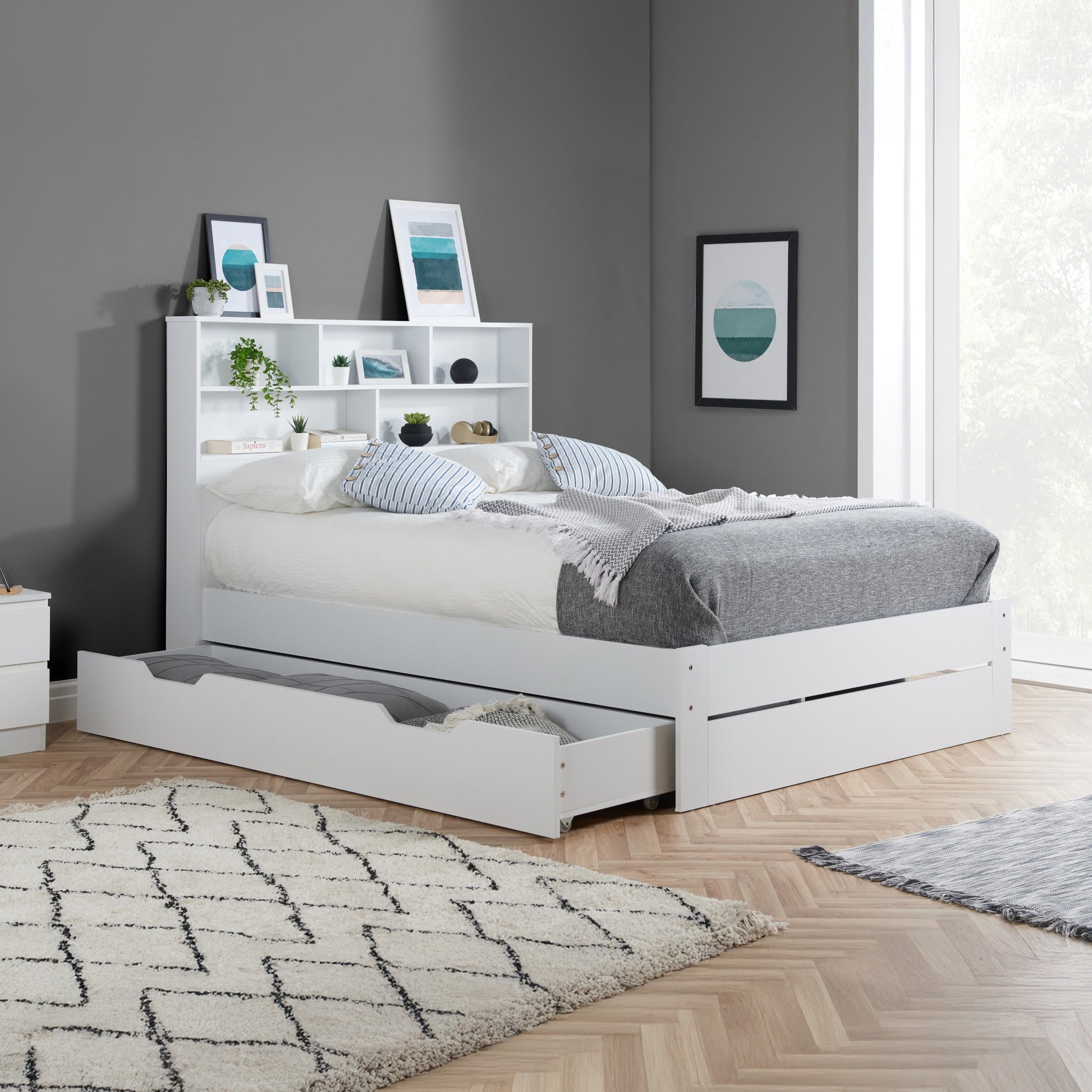 Alfie - Small Double - Bookcase Storage Bed - Underbed Storage - White - Wooden - 4ft - Happy Beds