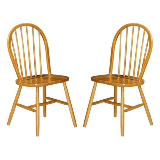 Windsor Honey Lacquered Wooden Dining Chairs In Pair