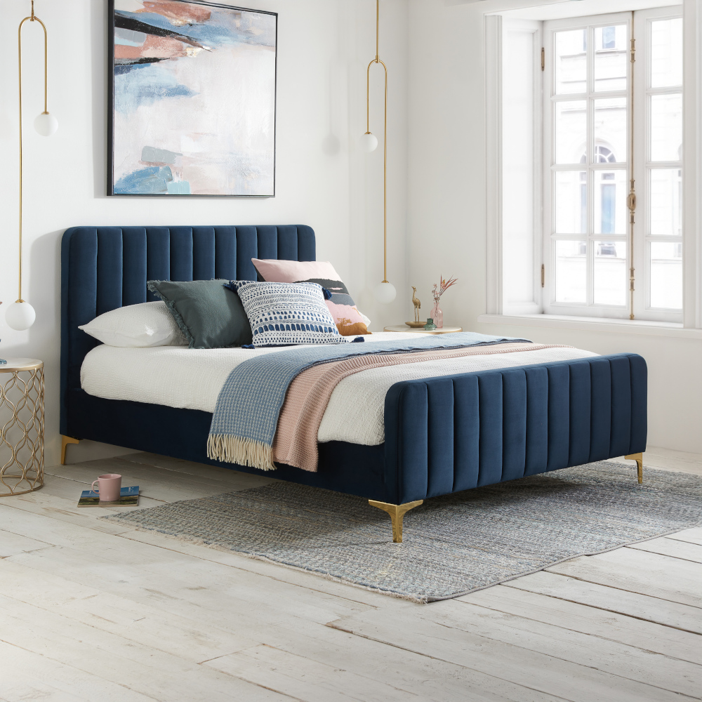 Hanam – King Size– Low Foot-End Bed – Midnight Blue – Velvet – 5ft - Happy Beds