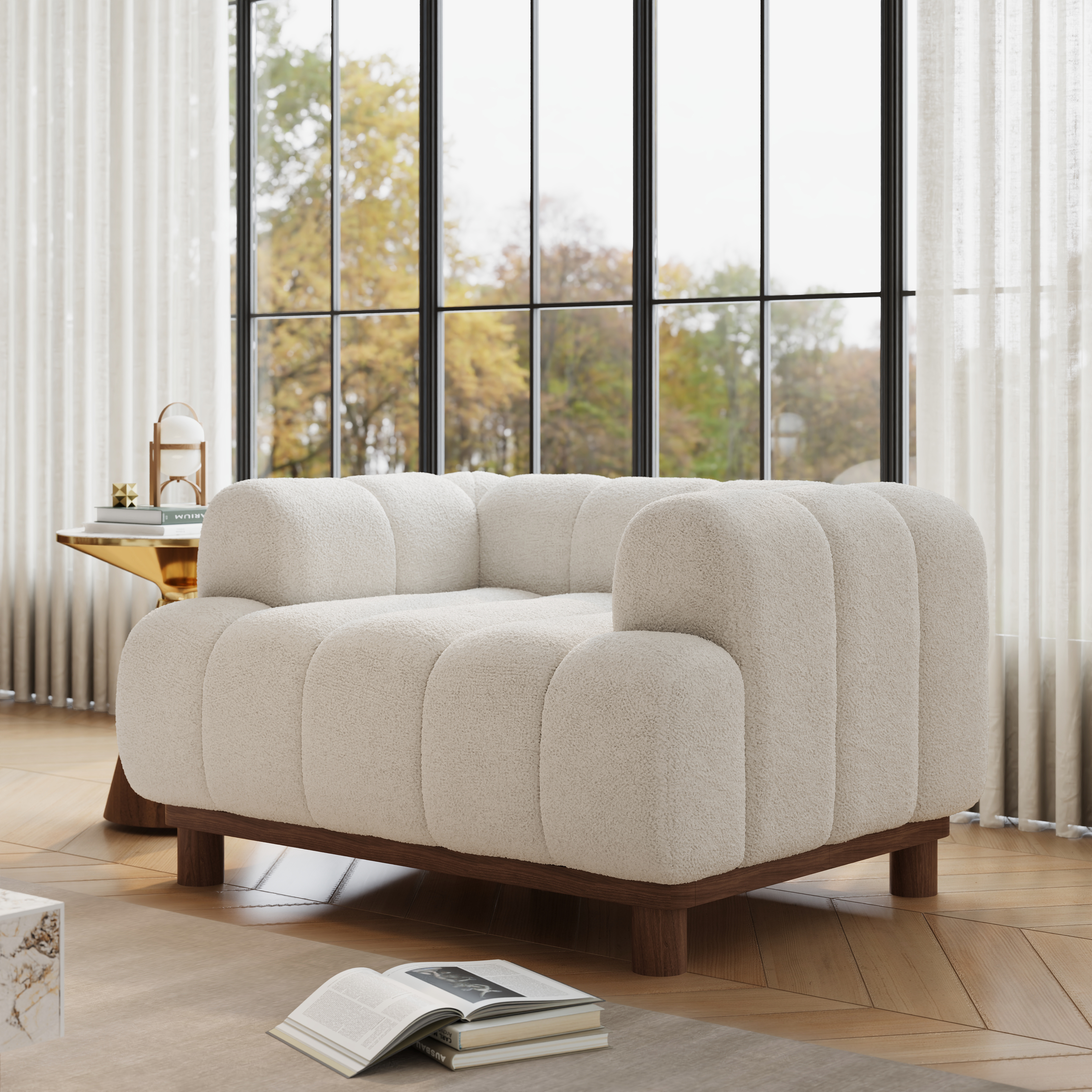 125 cm Boucle Lounge Accent Chair with Armrest and Wood Legs