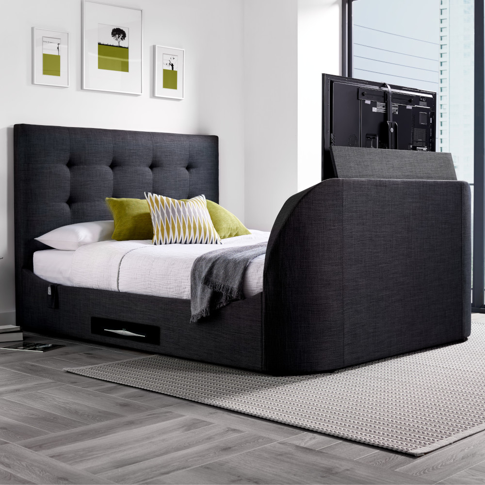 Lannister Slate Grey Fabric Electric TV Bed - 4ft6 Double