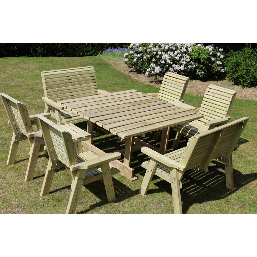 Churnet Valley Garden Furniture Ltd Ergo Square Table with 2 Bench & 4 Chairs - Min. Assembly Required in Brown