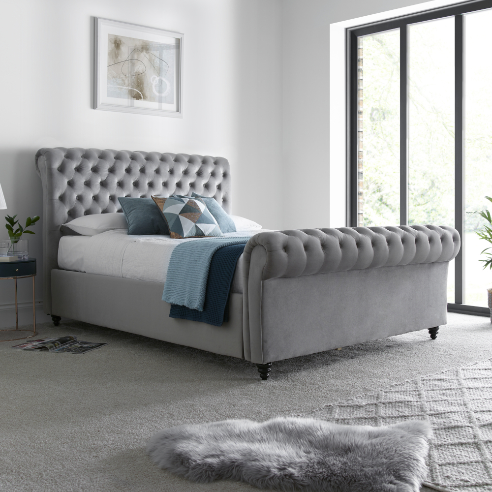 Osborne - King Size - Ottoman Storage Bed - Grey - Velvet - 5ft - Happy Beds