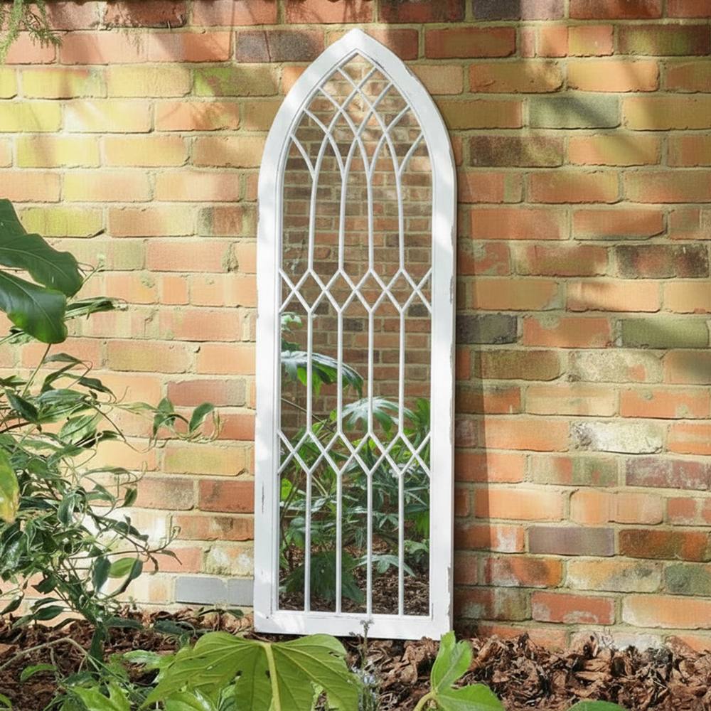 Melody Maison Arched White Distressed Chapel Fretwork Garden Mirror - 47cm X 142cm