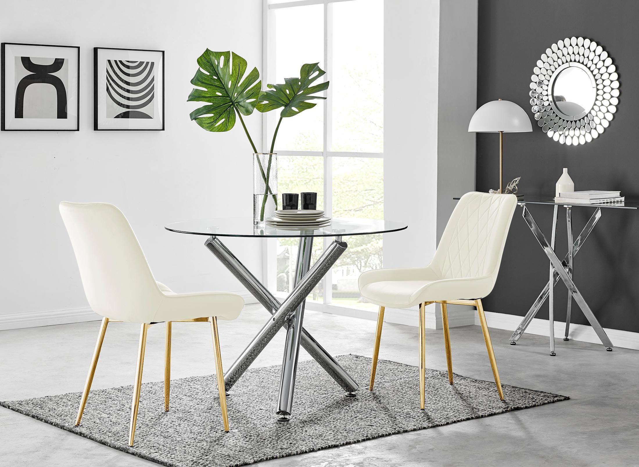 FurnitureboxUK Selina Round Glass Chrome Leg Dining Table & Pesaro Gold Leg Chairs in Cream