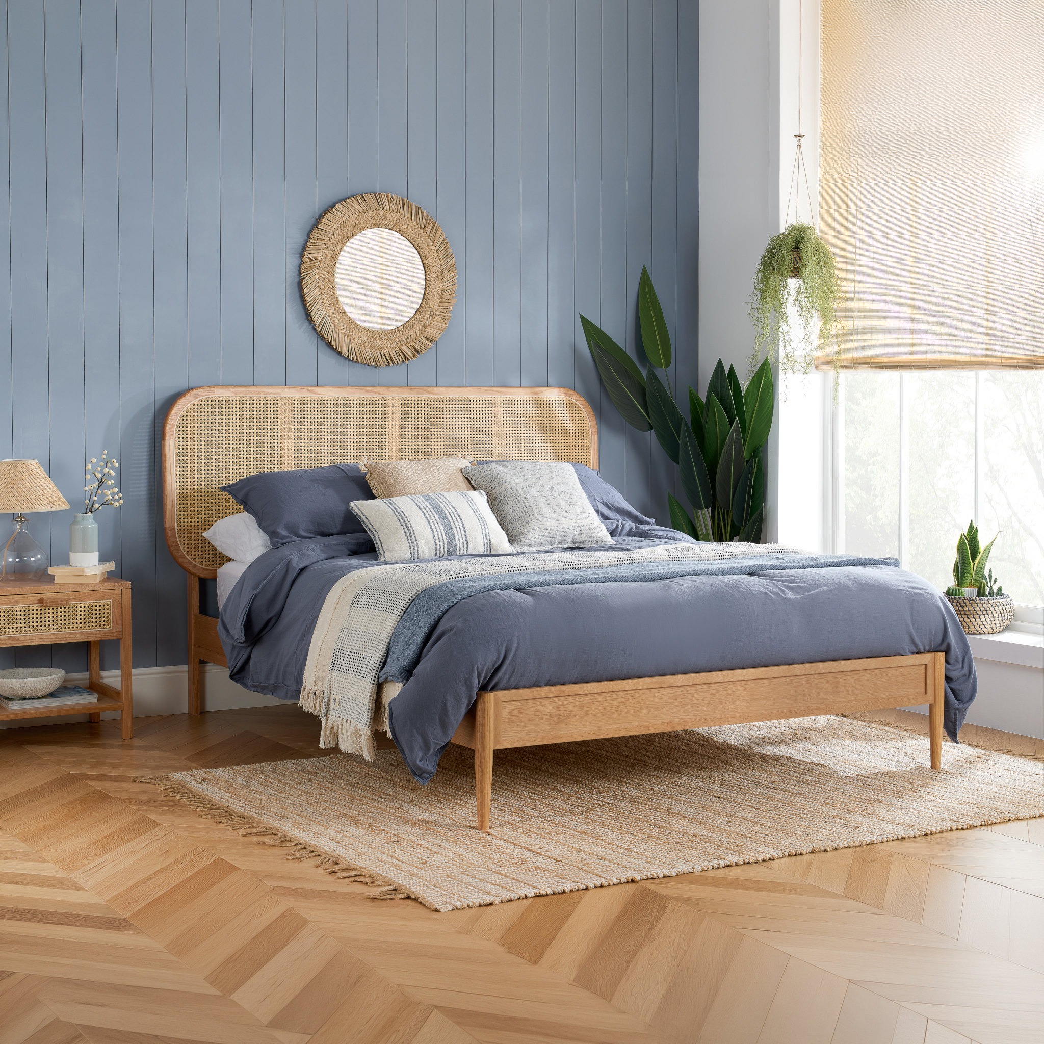 Elina – King Size– Low Foot-End Rattan Bed – Oak – Wooden – 5ft - Happy Beds
