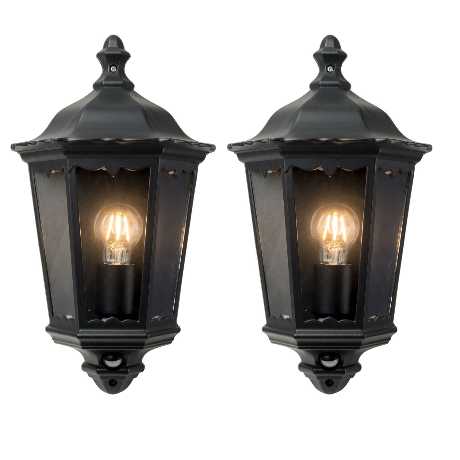 First Choice Lighting Set of 2 Sienna - Black IP44 Half Lantern Wall Lights with PIR Sensor