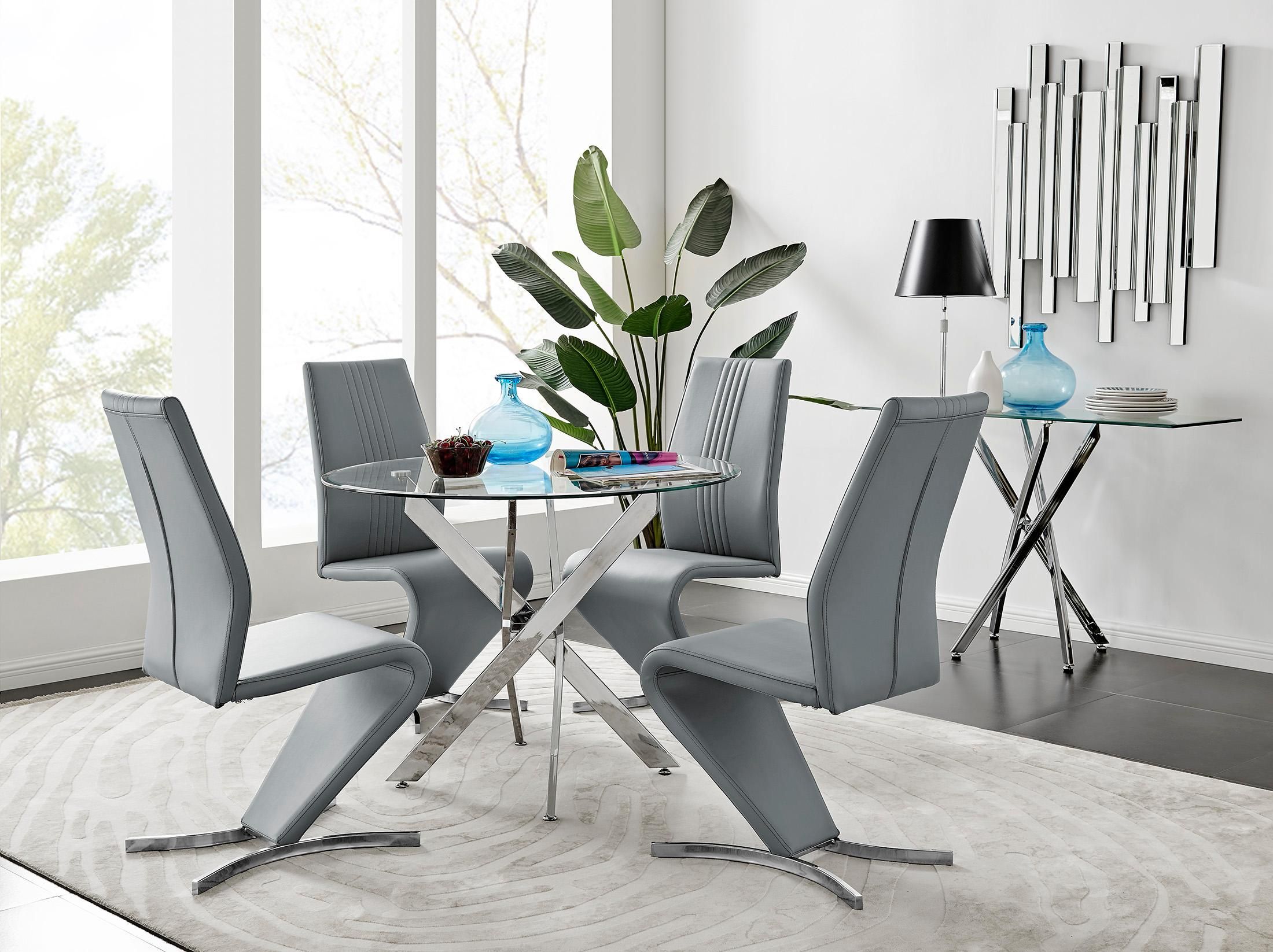 FurnitureboxUK Novara Round 100cm Chrome Metal & Glass Dining Table & 4 Willow Dining Chairs Set in Grey