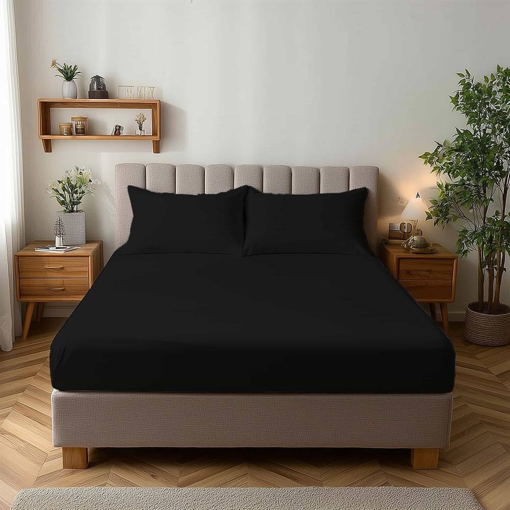 Snug City Microfibre Soft Touch Fitted Sheet 25cm Skirt Plain Dyed Bed Linen in Black