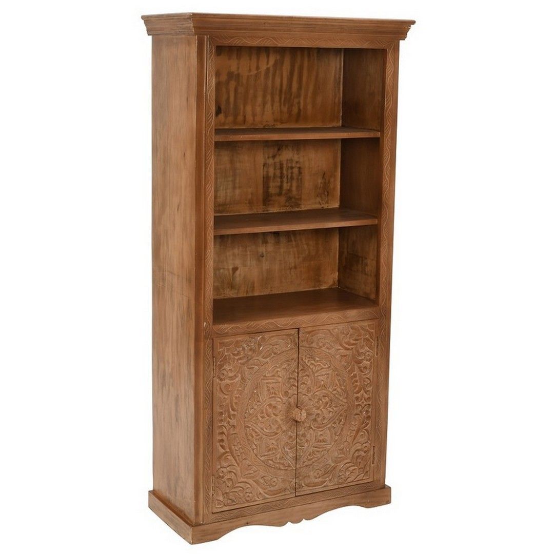 Indian Hub Artwork Large Bookcase - Solid Mango Wood - L45 x W85 x H175 cm in Brown