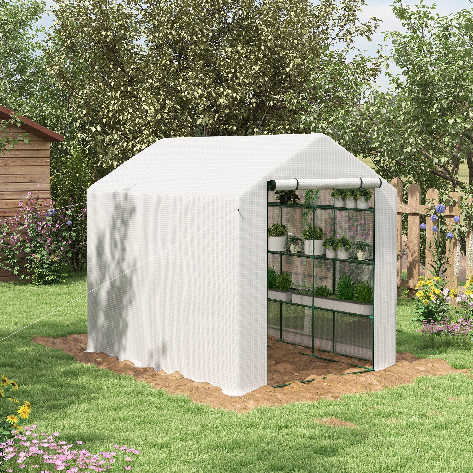 OUTSUNNY Walk-in Garden Greenhouse Shelves Polytunnel Steeple Grow House in White