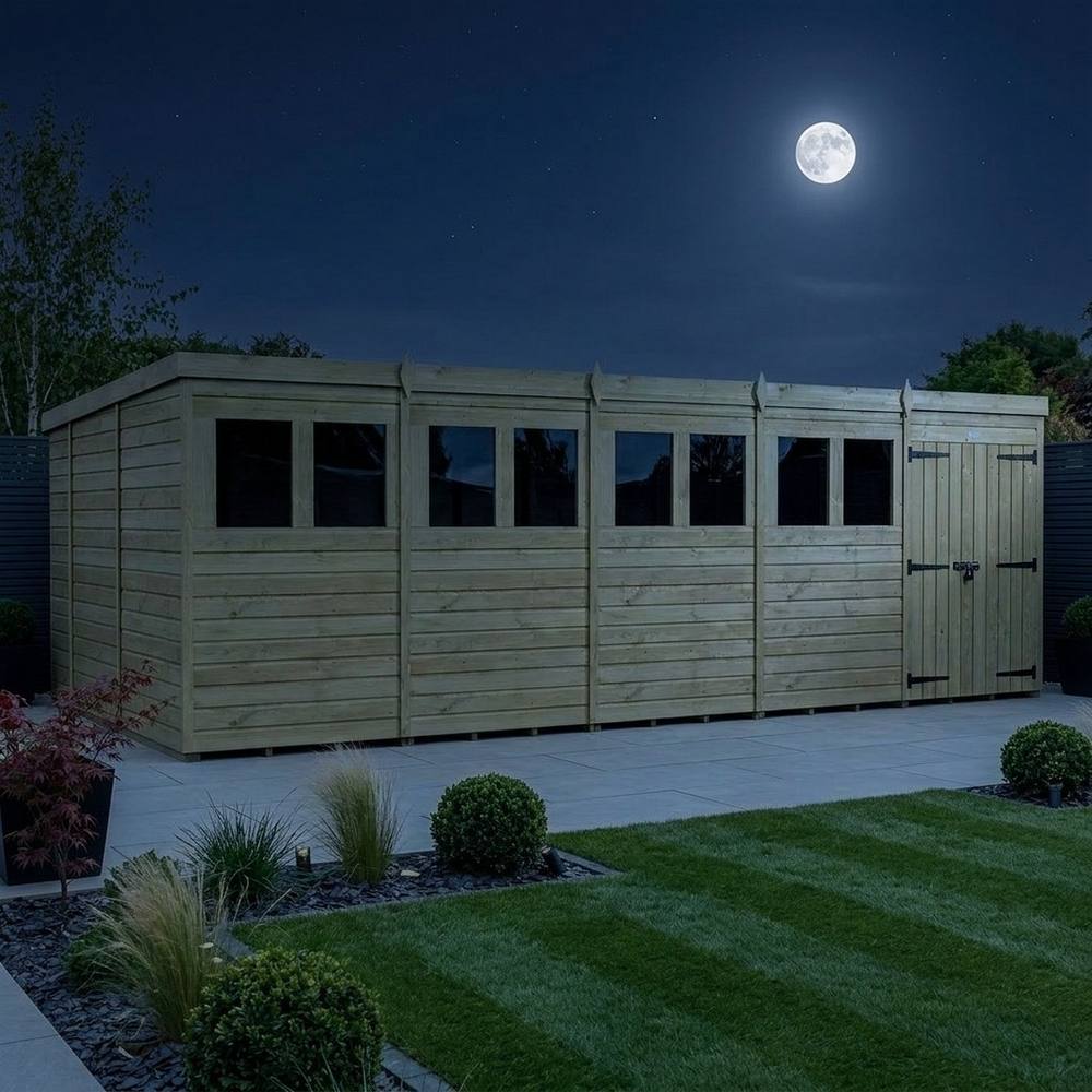 Buttercup Farm 20ft x 10ft Pent Garden Shed Double Door With Windows - Timber in Brown 3