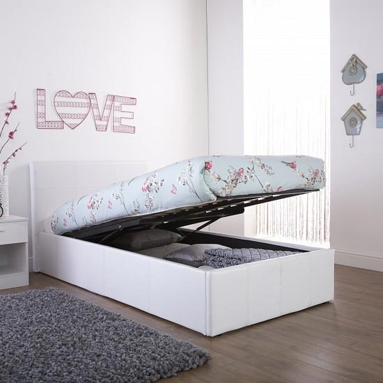 End Lift Ottoman Faux Leather Small Double Bed In White
