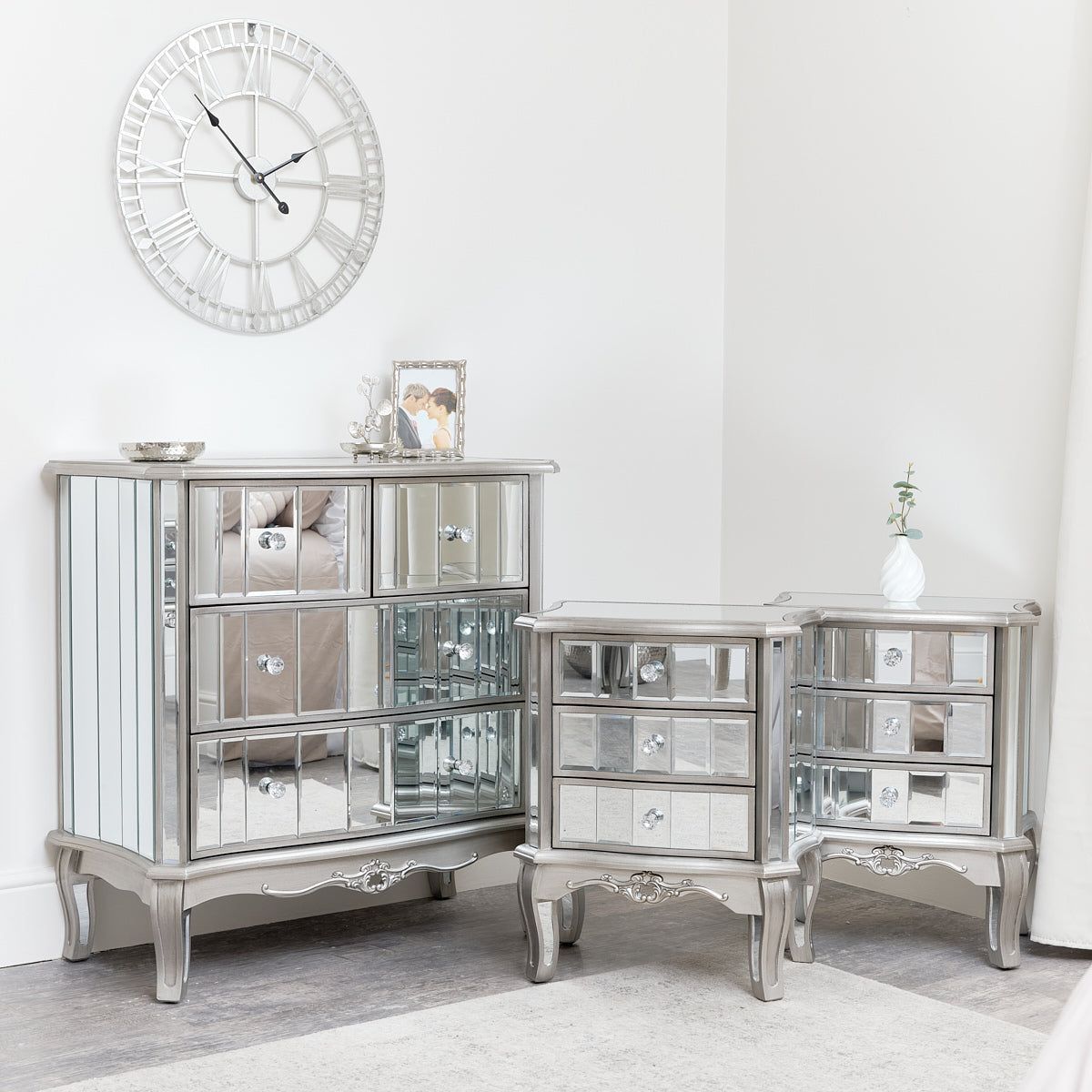 Melody Maison Silver Mirrored Chest Of Drawers & Pair Of 3 Drawer Bedside Tables - Tiffany Range