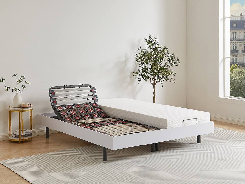 Vente-unique Electric Slatted Bed Base With 2X25 White Wood Decorative Pads - 2 X 6