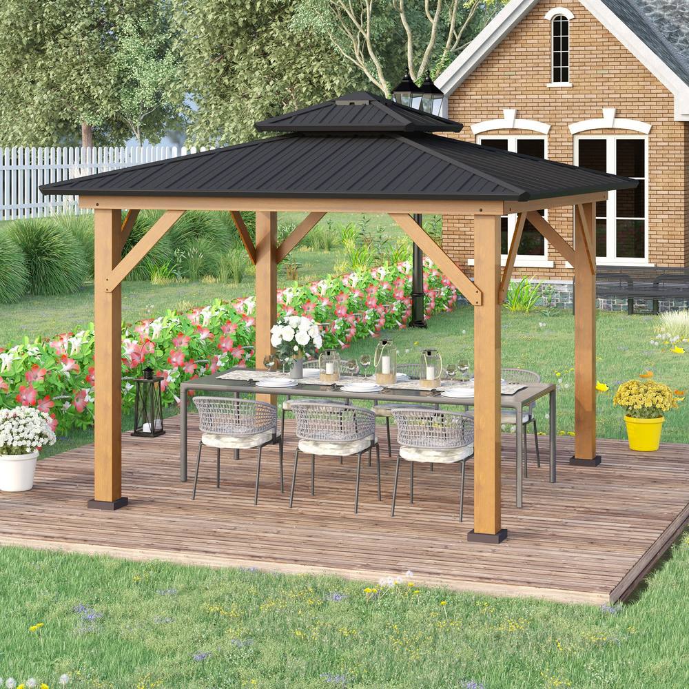 OUTSUNNY 3.5 x 3.5m Wood Frame Hardtop Gazebo w/ Double Vented Roof, Black