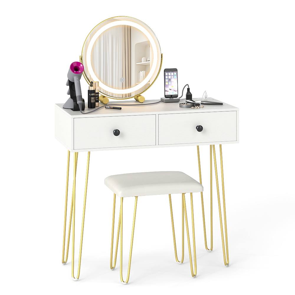 Costway Vanity Set w/Mirror & Lights Dressing Table & Stool w/Charging Station in White