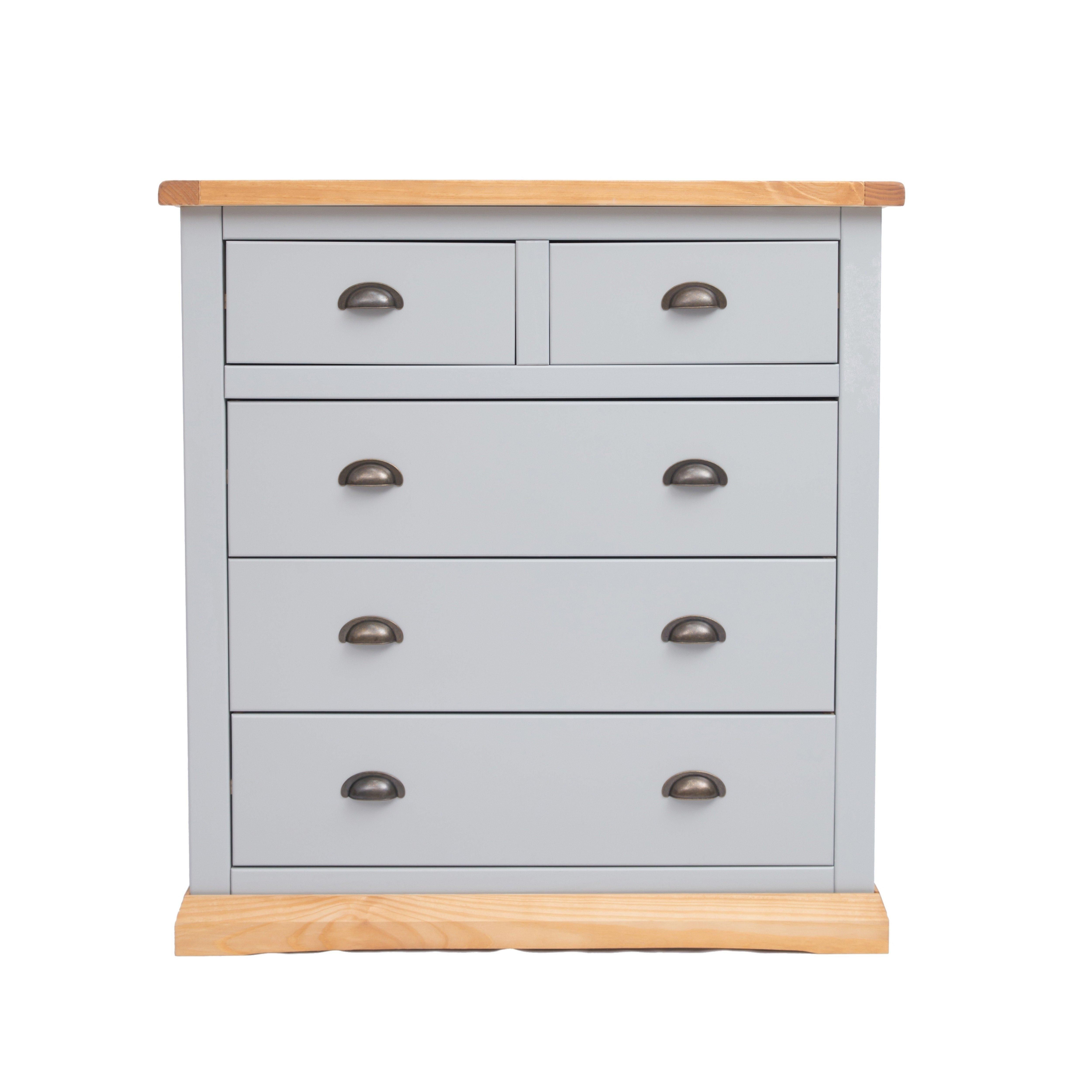 Cabinet Bits Bomporto 5 Drawer Chest of Drawers Brass Cup Handle in Light Grey