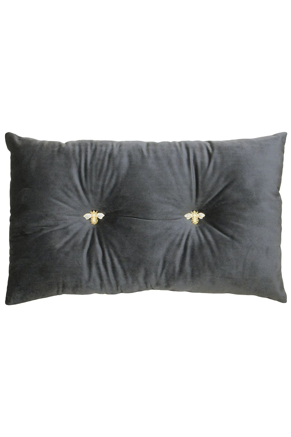 Paoletti Bumble Bee Embroidered Buttoned Velvet Ready Filled Cushion in Charcoal