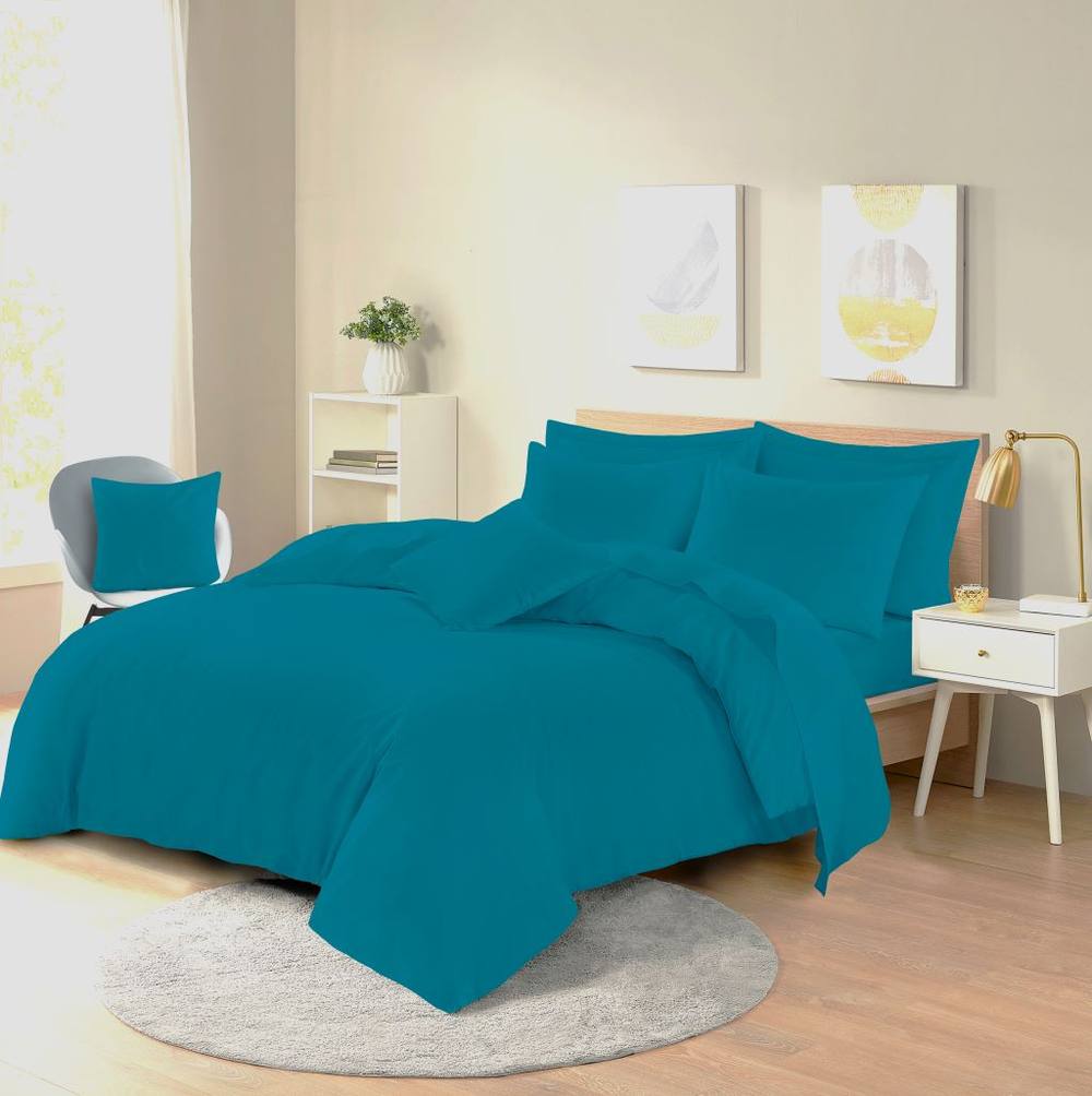 Homes-Linen Plain Dyed Polycotton Duvet Cover Set with Pillowcases in Teal