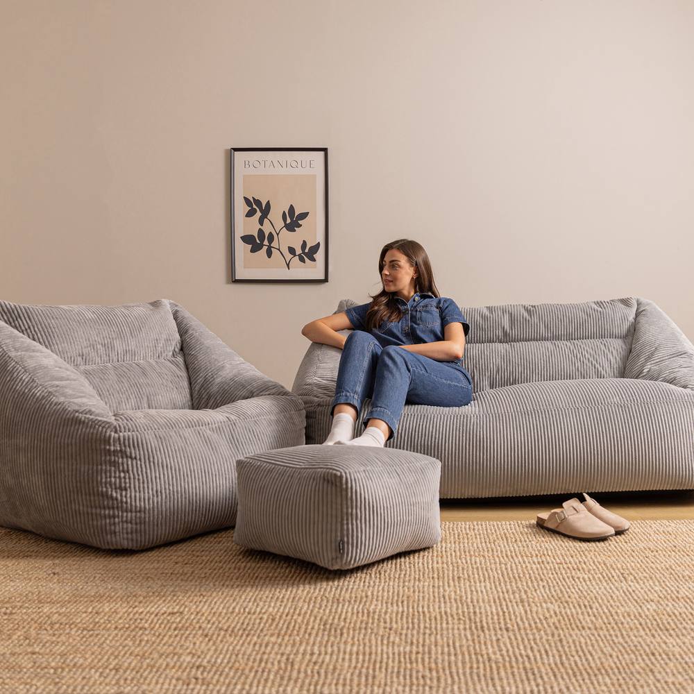 icon Bean Bag Sofa & Footstool Bundle, Jumbo Corduroy in Light Grey