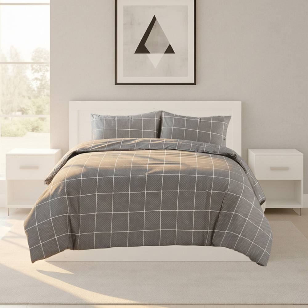 Snug City Box Dot Pattern Duvet Cover Set Soft Easy Care Contemporary Bedding in Grey