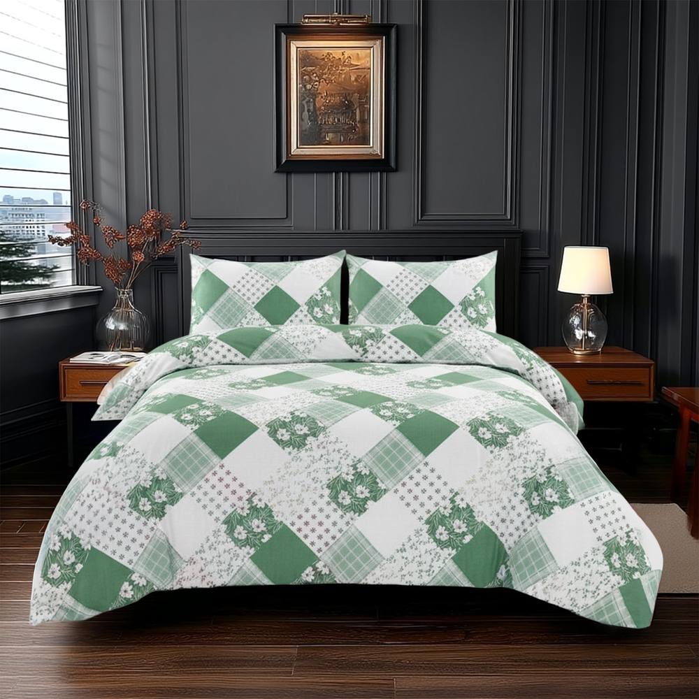Snug City Duvet Cover Pillowcase Floral Patchwork Design Polycotton Bed Linen in Green