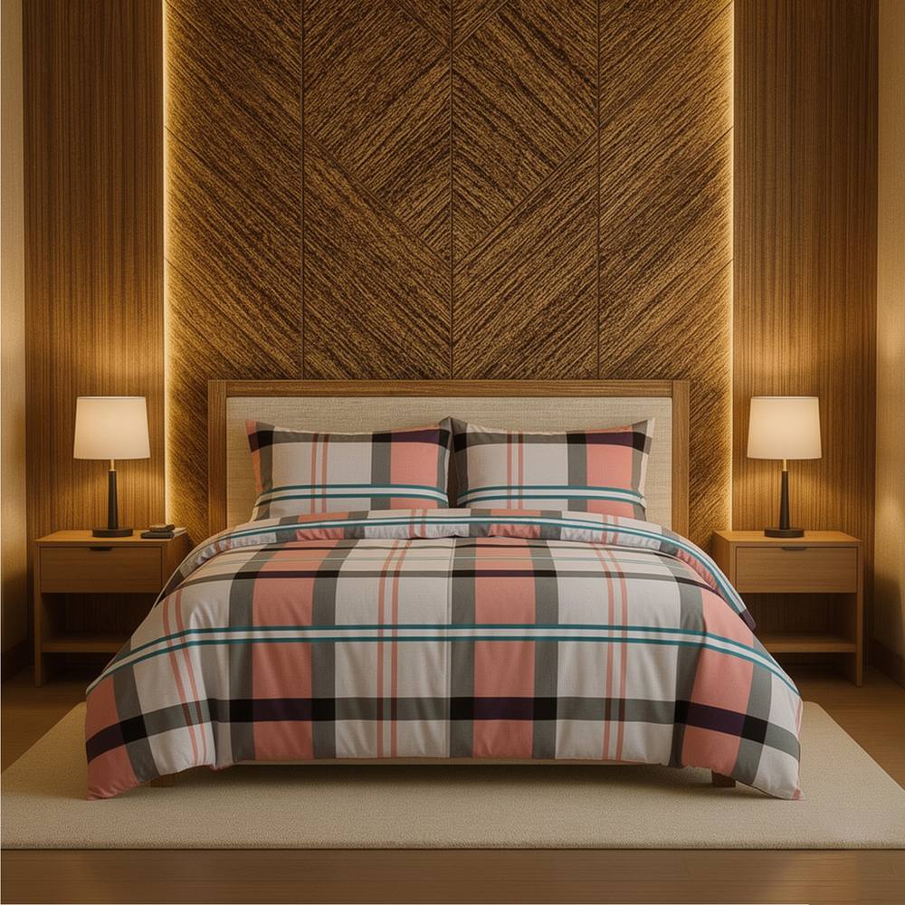 Snug City Duvet Cover & Pillowcase Set Tartan Check Design Polycotton Linen in Pink