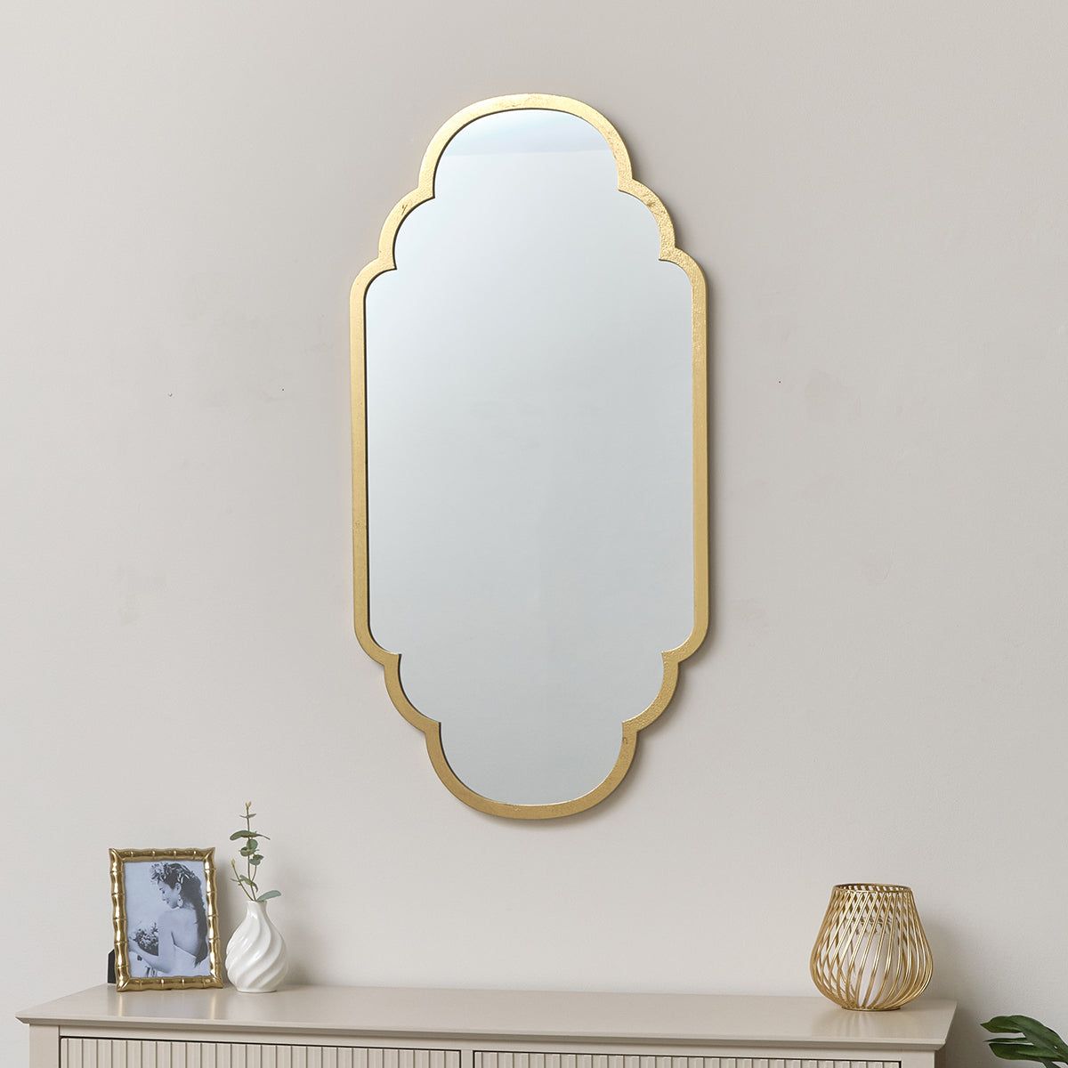 Melody Maison Gold Foiled Curved Scalloped Framed Wall Mirror 50cm X 100cm