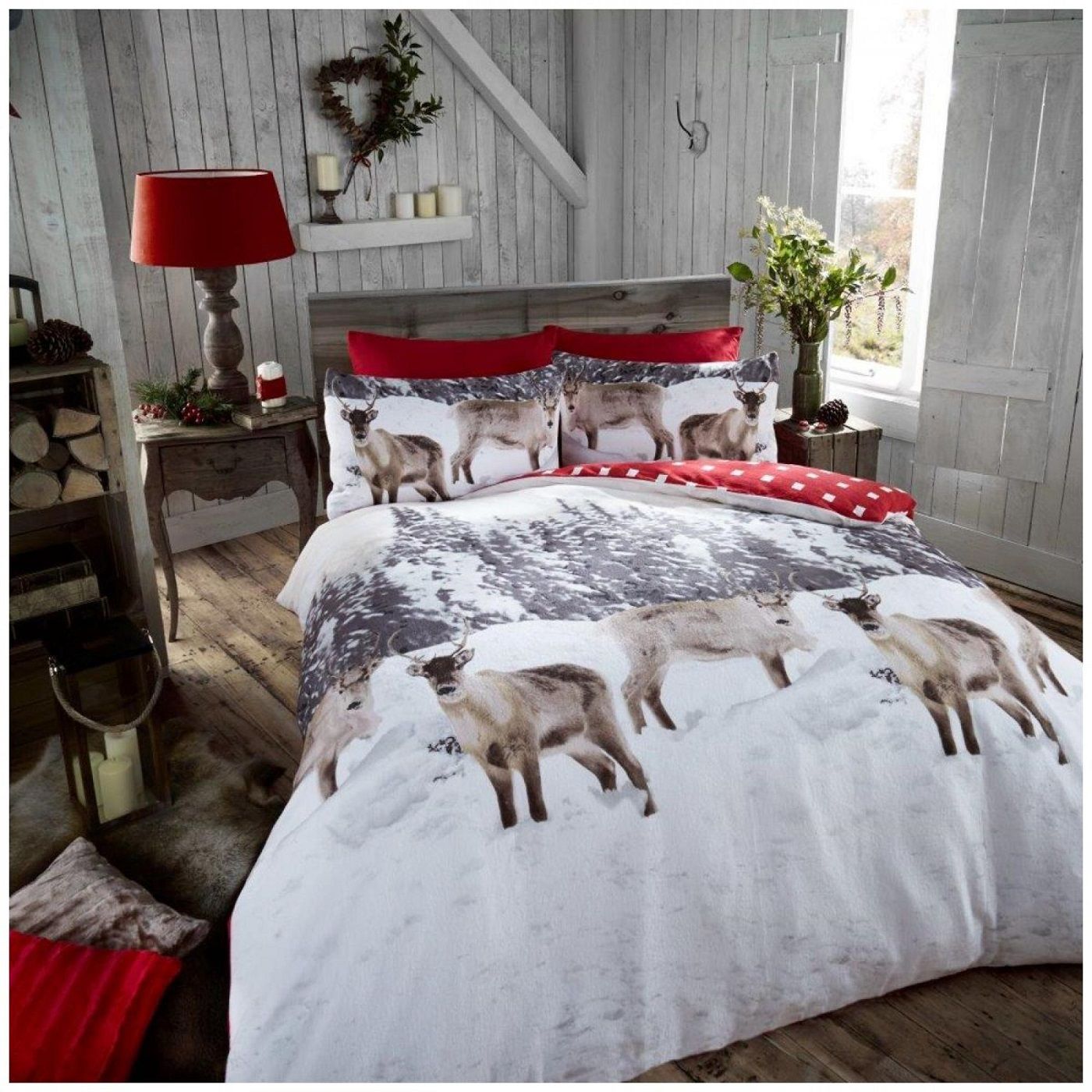 Smart Living 100% Brushed Cotton Flannel Printed Duvet Cover With Pillowcases in Red